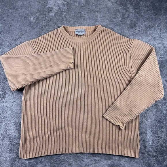 Eddie Bauer Sweater Mens XL Beige Ribbed 100% Cotton Knit Crewneck Pullover - Picture 2 of 9